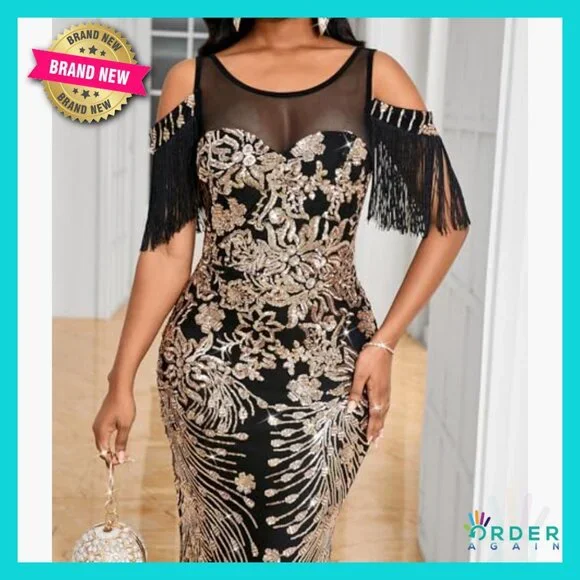 Sequin One Shoulder Mermaid Maxi Dress Formal Elegant Prom Party Wear